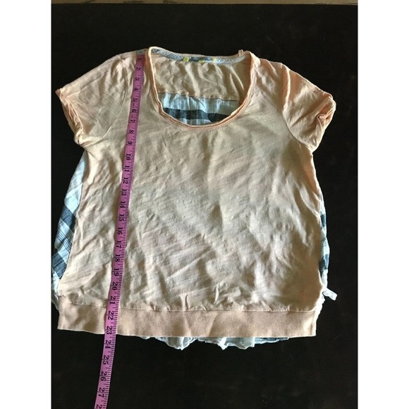 Anthropologie Little Yellow Button Peach and Grey Striped T-Shirt - Picture 5 of 7